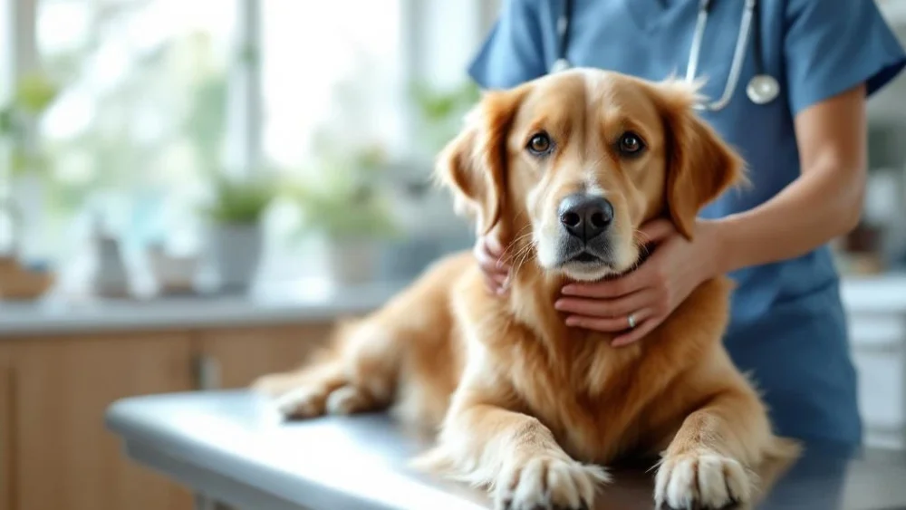 Dierenarts onderzoekt rustige golden retriever op onderzoekstafel in moderne, vriendelijke veterinaire praktijk
