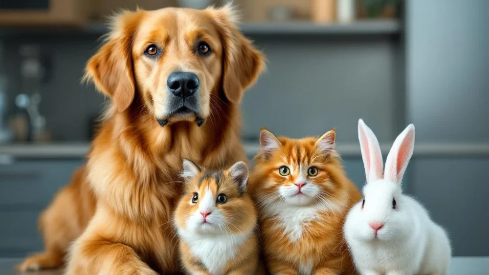 Vier huisdieren - golden retriever, oranje kat, cavia en wit konijn - samen in moderne dierenkliniek onderzoekskamer