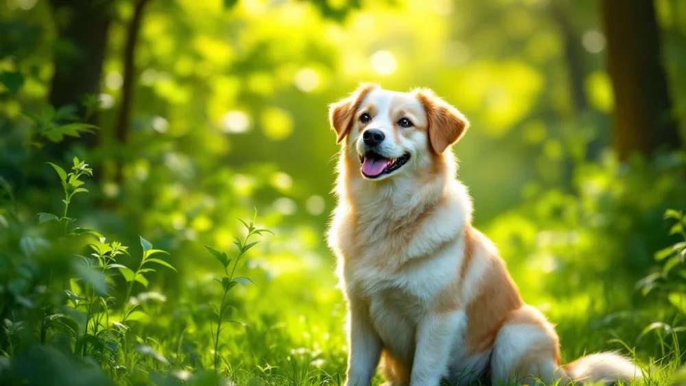 Gezonde hond zit rustig in weelderige groene natuuromgeving met zonlicht door bladerdak