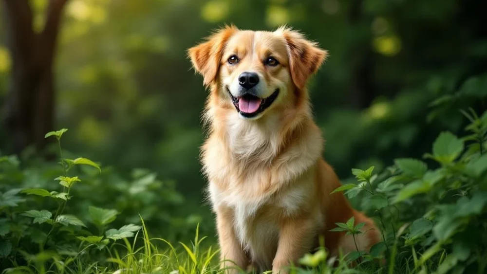 Gezonde hond zit rustig in weelderig groen park met zonlicht door bladerdak, veterinaire zorg concept