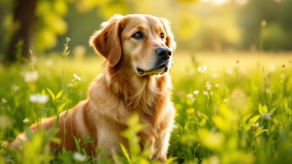 Gezonde golden retriever zit rustig in groene weide met wilde bloemen en natuurlijk zonlicht door bomen