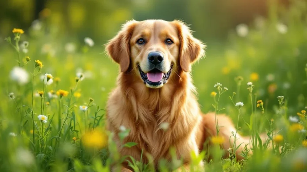 Gezonde golden retriever zit rustig in groene weide met wilde bloemen, zachte zonnestralen door bomen, veterinaire zorg.