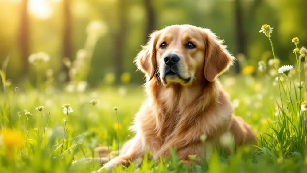 Gezonde golden retriever zit rustig in groene weide met wilde bloemen, zachte zonnestralen, herstel na operatie