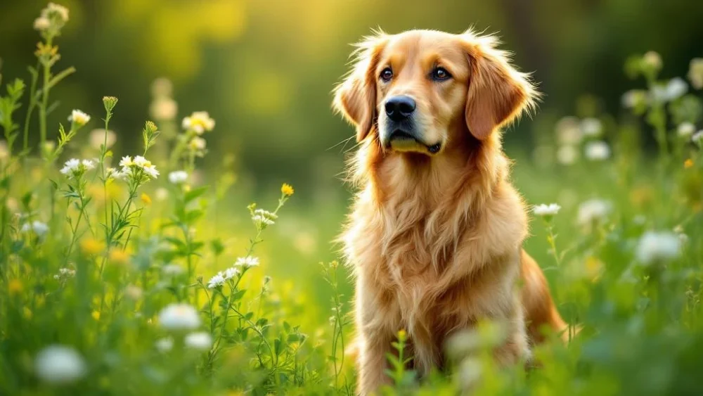 Gouden retriever zit rustig in groene weide met wilde bloemen en zacht zonlicht door bomen