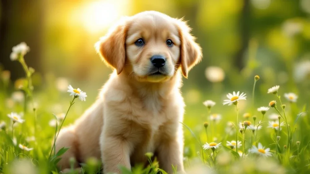 Jonge golden retriever puppy zit vredig in groene weide met wilde bloemen in warm zonlicht