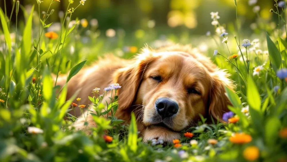 Gouden retriever rust ontspannen in groene weide met wilde bloemen en natuurlijk zonlicht door bomen