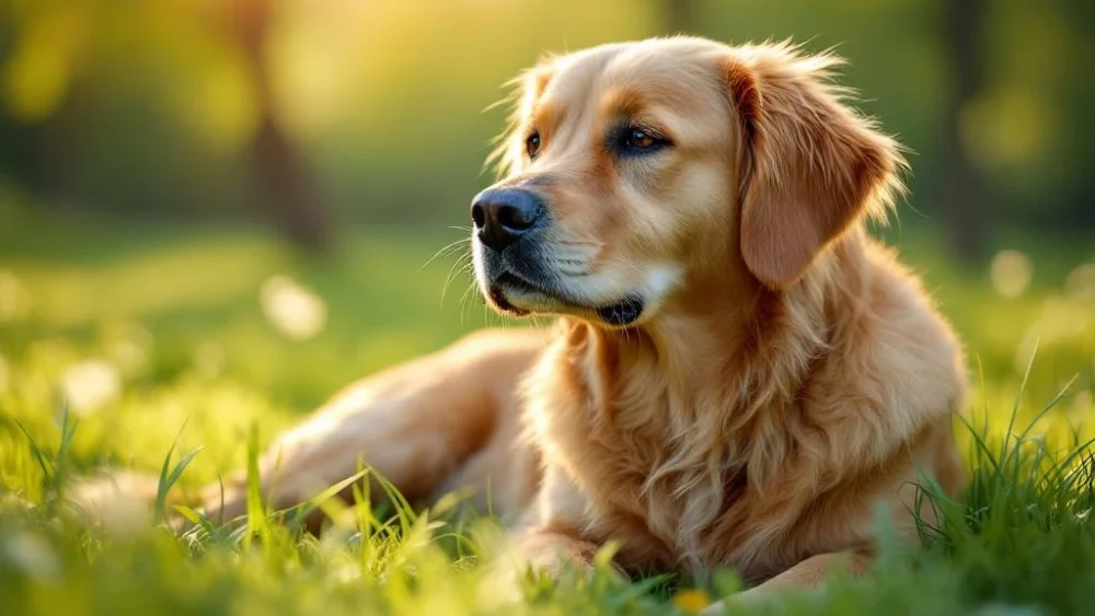 Gouden retriever rust kalm op groen gras in zonnige tuin na operatie, omgeven door weelderige begroeiing