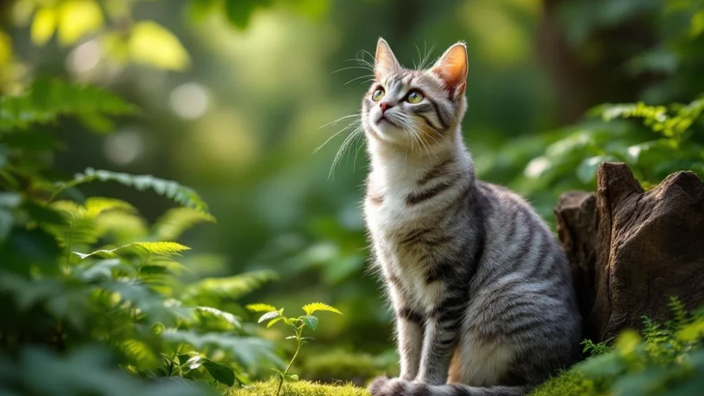Oudere grijze cyperse kat zit vredig op mos in weelderige groene tuin met varens en gefilterd zonlicht