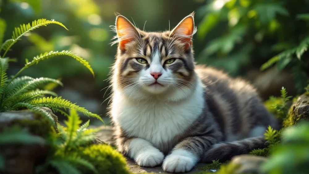 Grijze cyperse kat rust vredig in weelderige tuin tussen varens en bemost gesteente in natuurlijk zonlicht