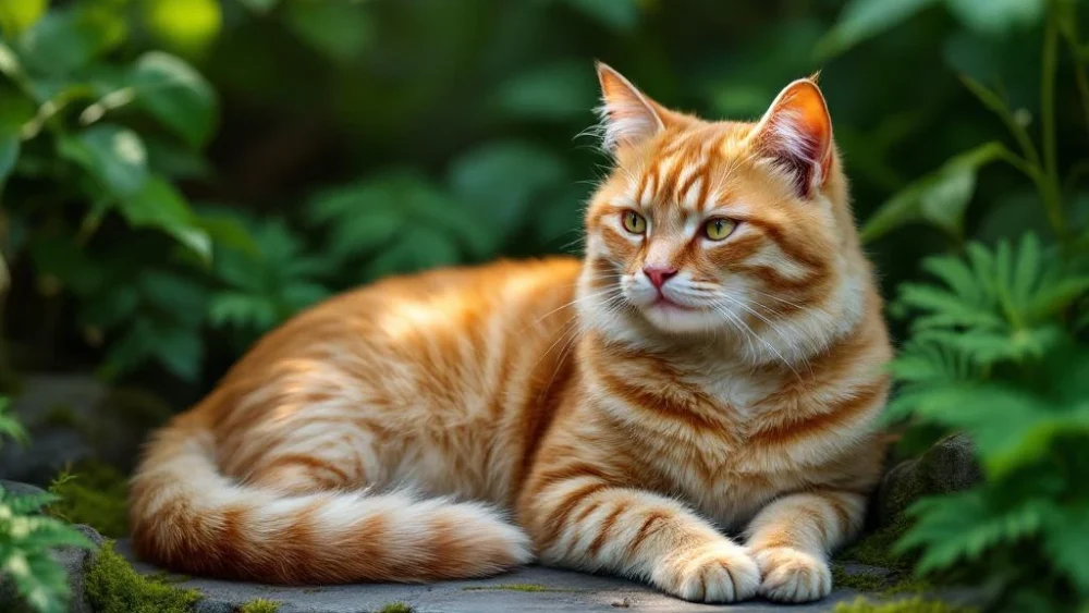Oudere oranje gestreepte kat rust vredig tussen groene planten en bemoste stenen in natuurlijke tuin setting