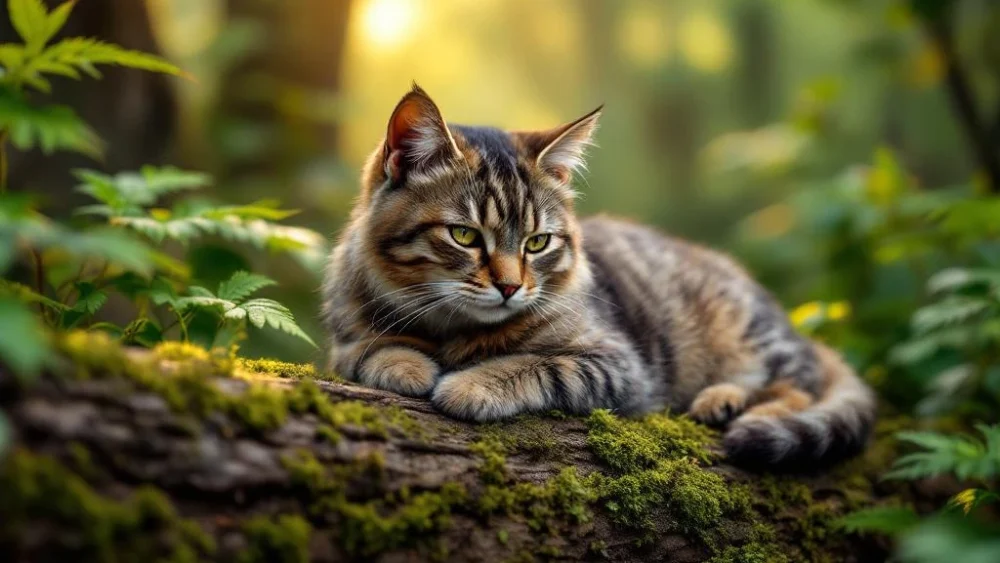 Oude grijze cyperse kat rust op bemoste boomstam in groen bos met gefilterd zonlicht door bladeren
