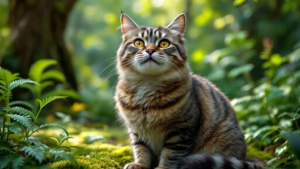 Oudere grijze tabby kat zit rustig in weelderige tuin tussen groene varens en gefilterd zonlicht