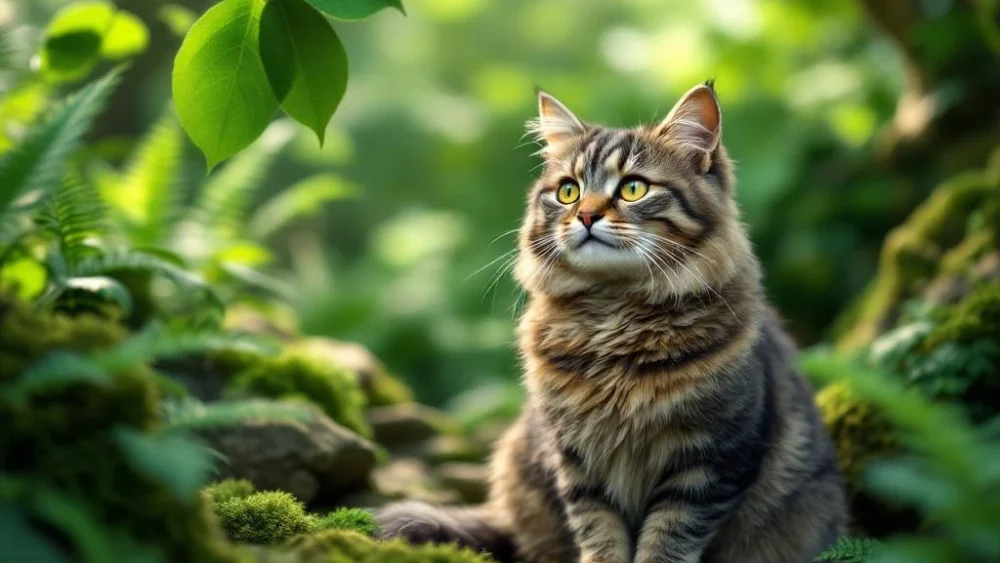 Oudere gestreepte kat zit vredig in weelderige tuin met varens en bemoste rotsen in natuurlijk zonlicht