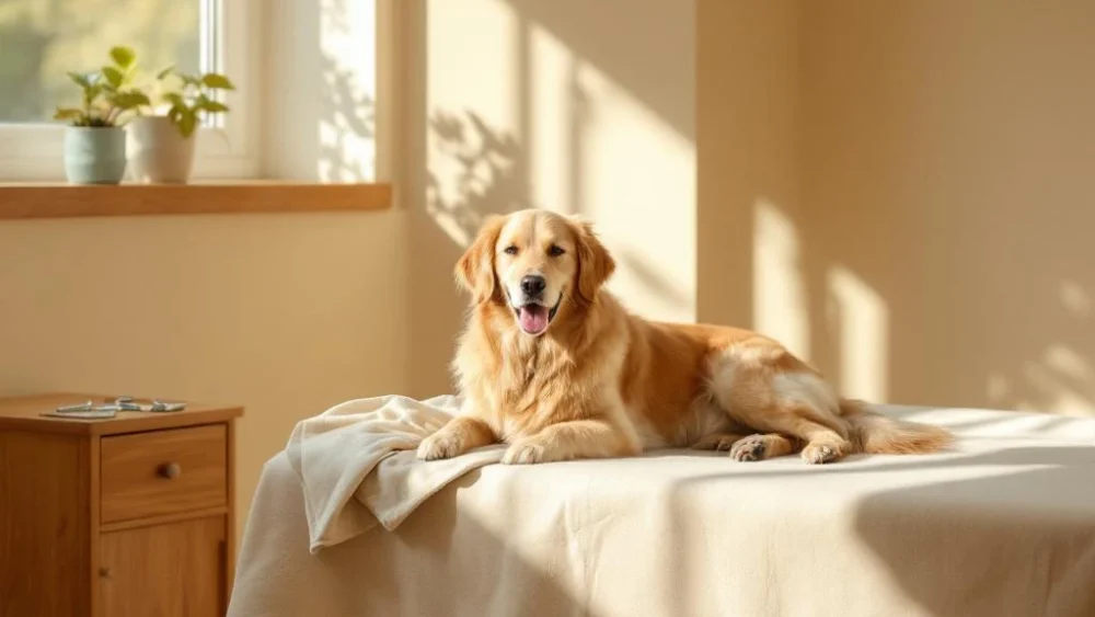 Gouden retriever ligt rustig op onderzoekstafel in warme veterinaire behandelkamer met natuurlijk licht