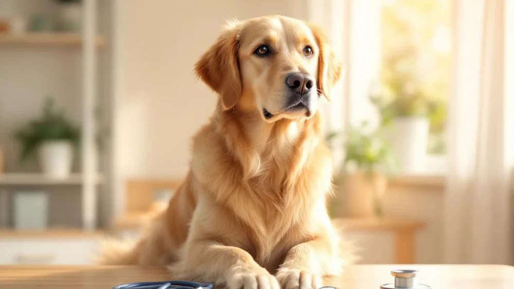 Gezonde golden retriever zit ontspannen op onderzoekstafel in warme, vriendelijke dierenartspraktijk met natuurlijk licht