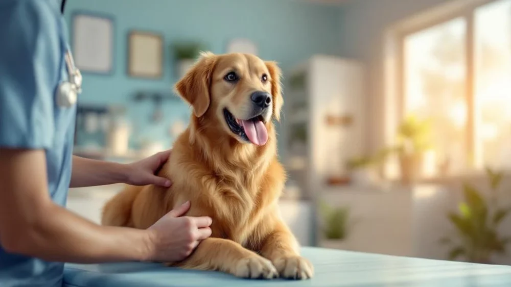 Dierenarts onderzoekt golden retriever in moderne, vriendelijke veterinaire kliniek met natuurlijk licht