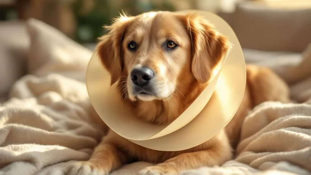 Gouden retriever met beschermkraag rust kalm op crèmekleurige deken in natuurlijk zonlicht thuis