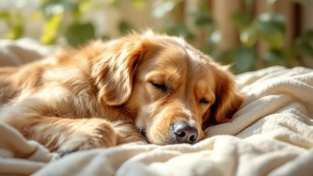 Gouden retriever rust op crèmekleurige deken in natuurlijk zonlicht tijdens herstel na operatie