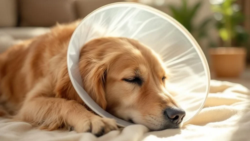 Gouden retriever met herstelkraag rust op crème deken in zonnige woonkamer tijdens genezing