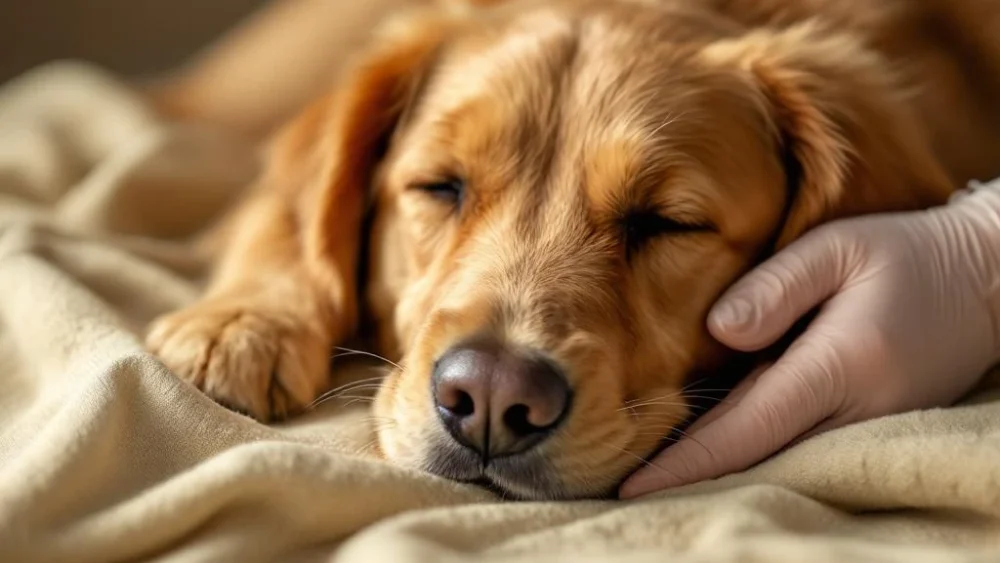 Golden retriever ligt rustig op beige stof terwijl dierenarts met handschoenen zachtjes buik onderzoekt in warme setting
