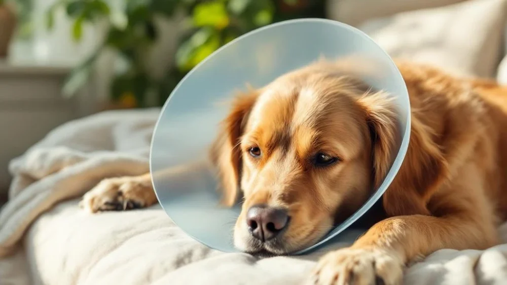 Golden retriever met beschermingskraag rust op crèmekleurige deken in warm zonlicht, omringd door aardse kussens