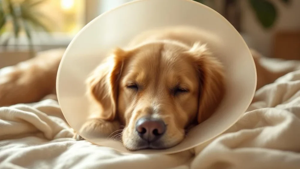Gouden retriever rust op crèmekleurige deken in zonlicht met subtiele herstelkraag na operatie