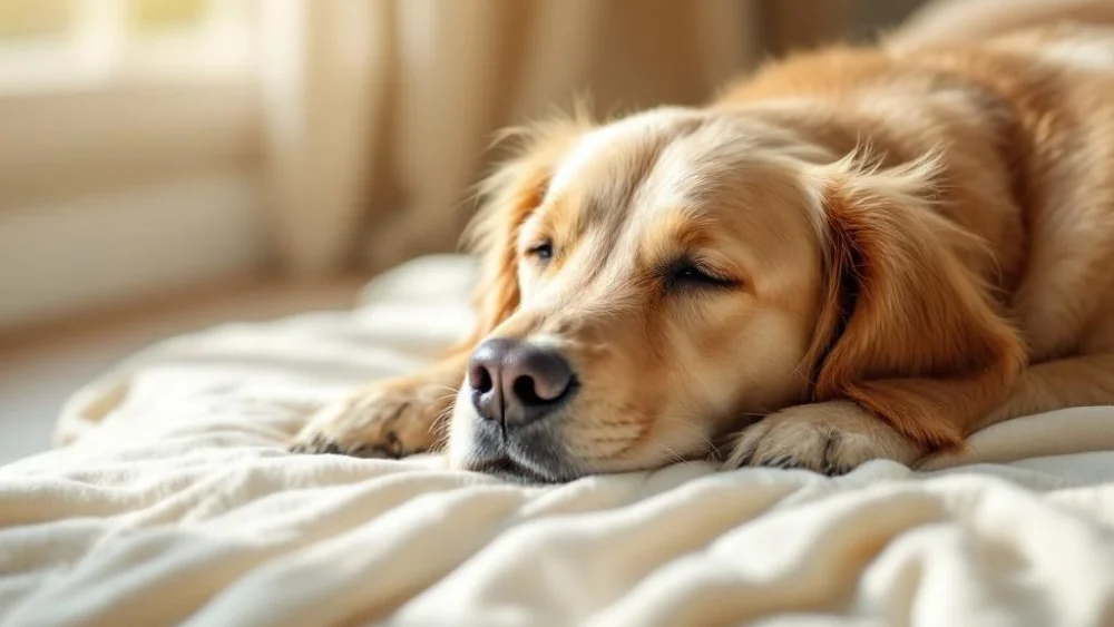 Gouden retriever rust op crèmekleurige deken in zonlicht met medische kegel nabij voor postoperatieve zorg