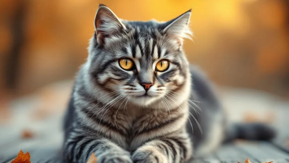 Oudere grijze gestreepte kat met amberkleurige ogen zit rustig op verweerd hout in warm gouden licht.