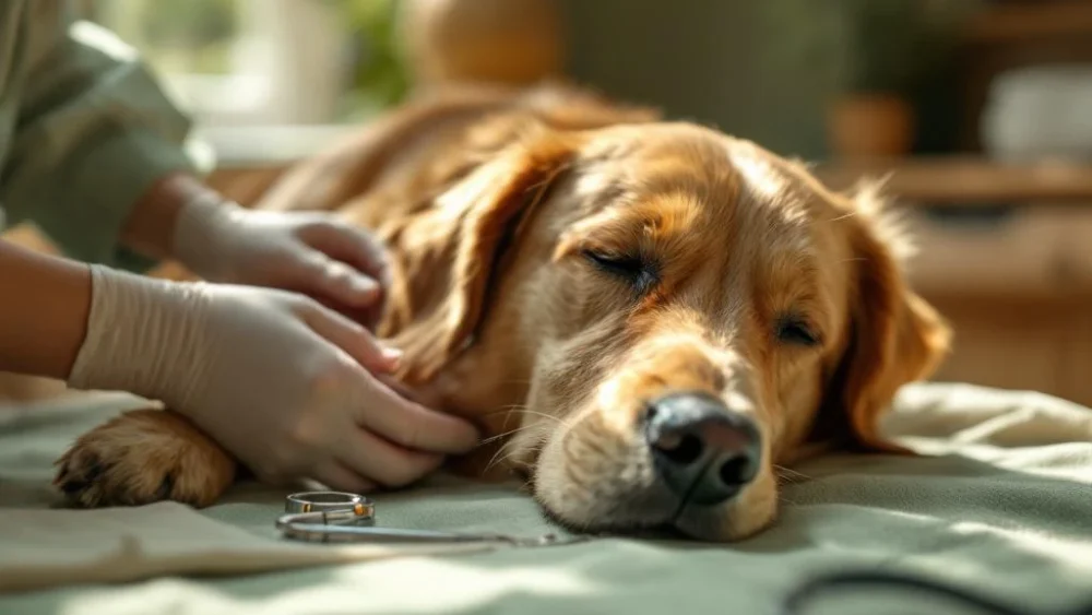 Golden retriever ligt rustig op linnen operatietafel tijdens zachte veterinaire behandeling in warme, natuurlijke setting