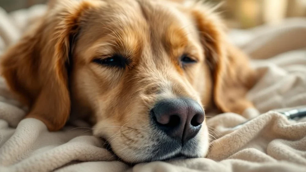 Kalme golden retriever ligt ontspannen op zachte deken in warme verlichting bij dierenarts voor professionele zorg