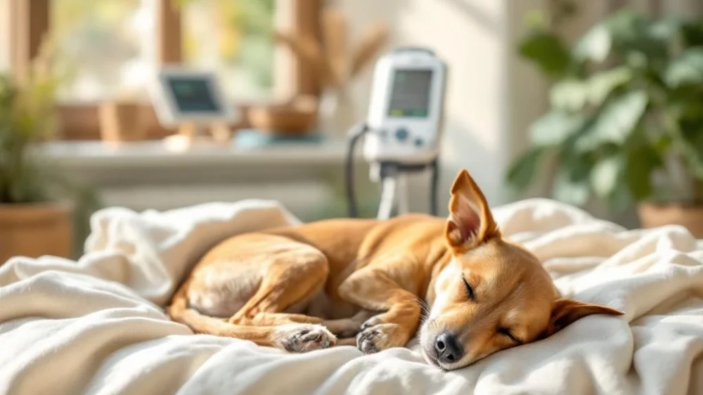 Rustende hond herstelt op linnen deken in warme veterinaire kamer met natuurlijk zonlicht en houten accenten