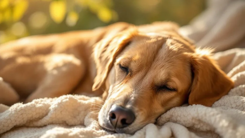 Vrouwelijke hond rust ontspannen op crèmekleurige deken in warm natuurlijk licht met gouden zonnestralen