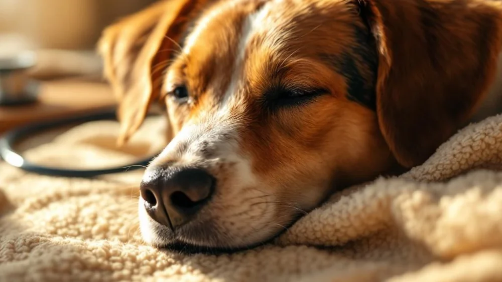 Kalme vrouwelijke hond rust op beige deken in warm zonlicht met veterinaire elementen op achtergrond