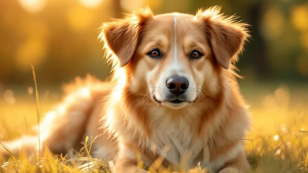 Serene teef ligt ontspannen op gras in gouden zonlicht, vredige uitdrukking in natuurlijke buitenomgeving