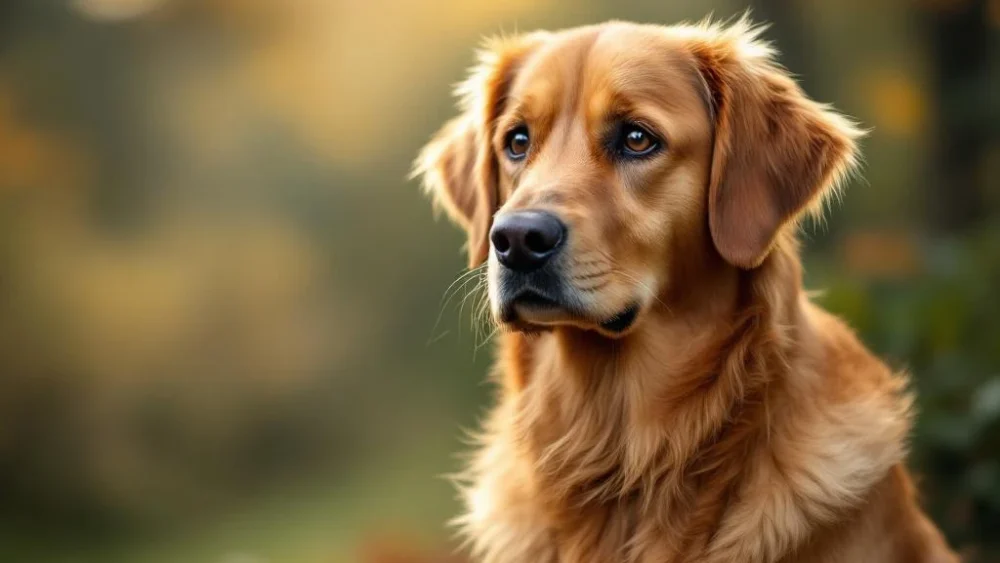 Bezorgd kijkende golden retriever zit contemplatief in natuurlijke buitenomgeving met zachte verlichting en warme tinten