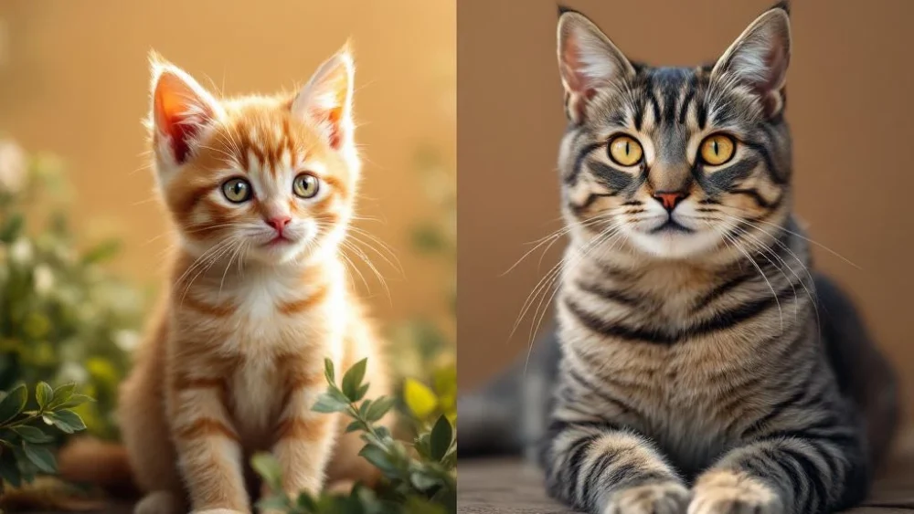 Jonge oranje kitten en oudere grijze tabby kat in warme natuurlijke belichting met groene planten en hout