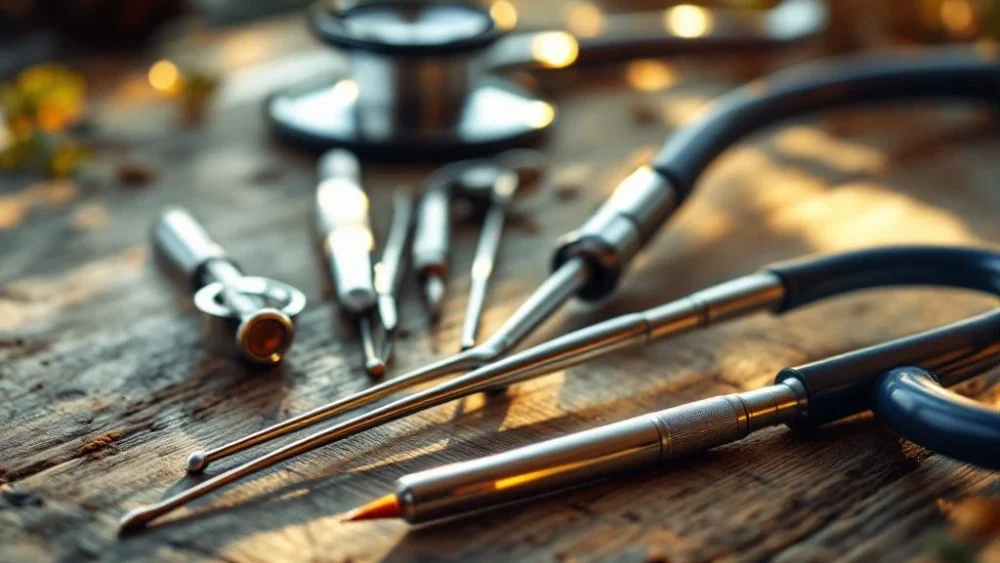 Laparoscopische chirurgische instrumenten en stethoscoop op houten oppervlak met natuurlijk licht