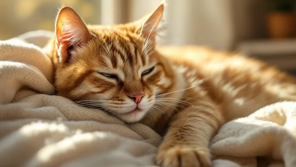 Vredige oudere oranje gestreepte kat rust op crèmekleurige deken in warm natuurlijk zonlicht door raam