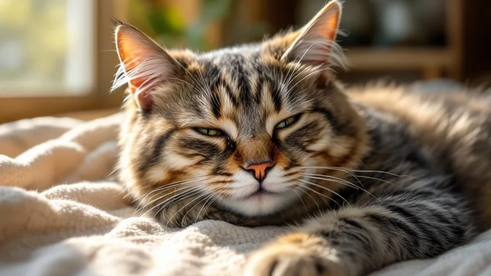 Oudere gestreepte kat met grijze en amber vacht rust op crèmekleurige deken in warm zonlicht bij raam