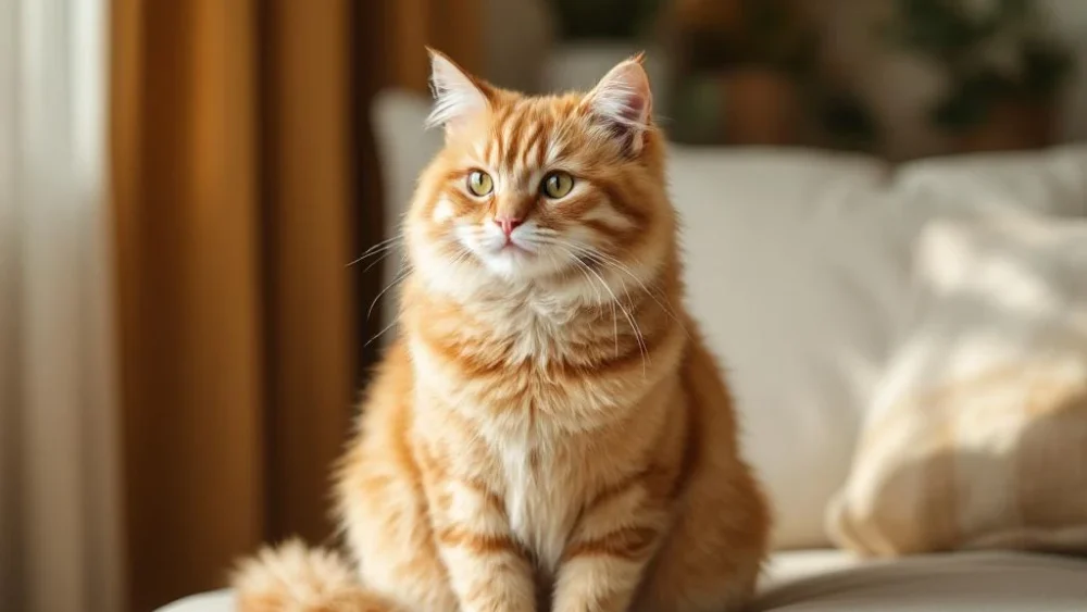 Oranje cyperse kat zit op beige kussen met lichte stijfheid in houding, warme natuurlijke verlichting thuis