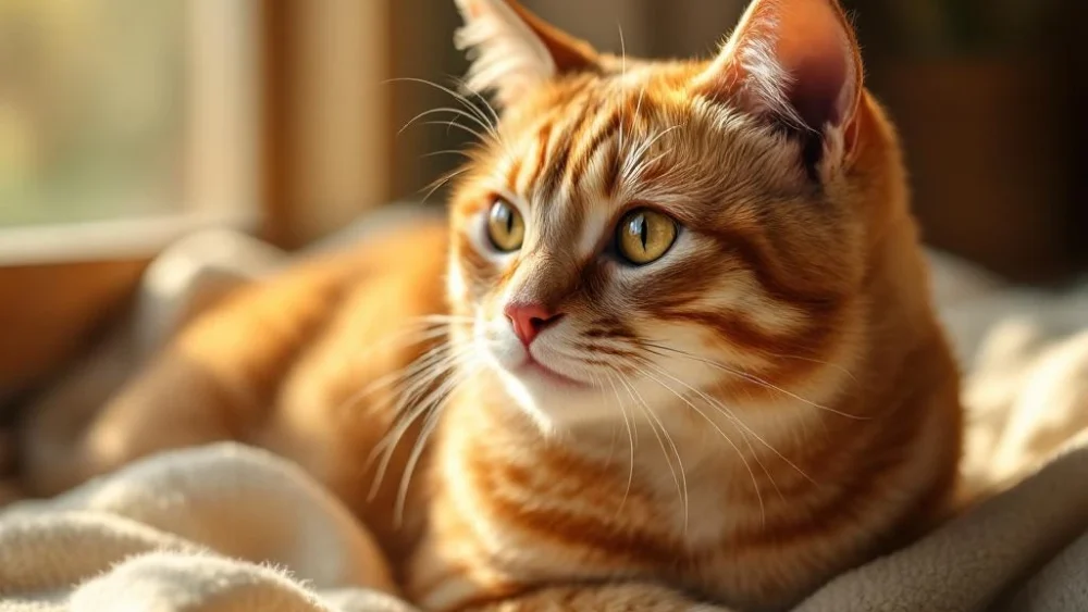 Oudere oranje gestreepte kat met grijze snorharen zit vredig op crèmekleurige deken in warm zonlicht bij raam