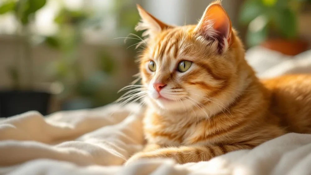 Vredige oudere oranje tabby kat rust op crèmekleurige deken in warm zonlicht bij raam met kamerplanten