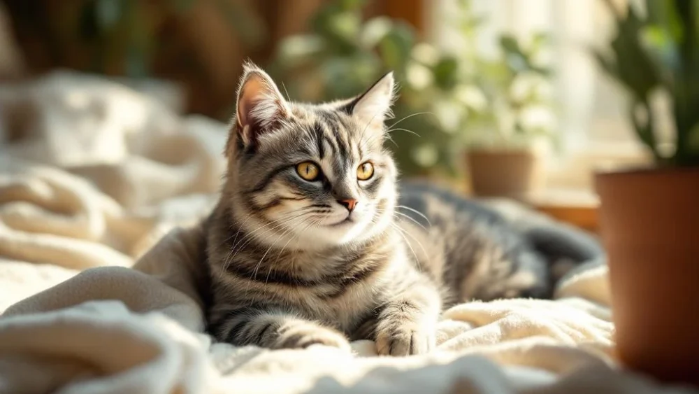 Oudere tabby kat met zilvergrijs vacht rust op crèmekleurige deken in warm zonlicht bij raam thuis
