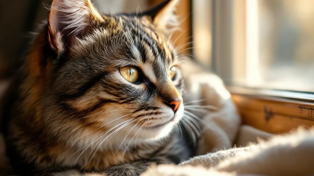 Bejaarde gestreepte kat rust vredig op crème deken bij zonnig raam, met wijze amber ogen en grijze snuit