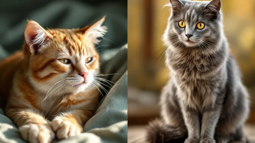 Twee oudere katten in split-screen: zieke oranje cyperse kat links, gezonde grijze seniorkat rechts in warm licht