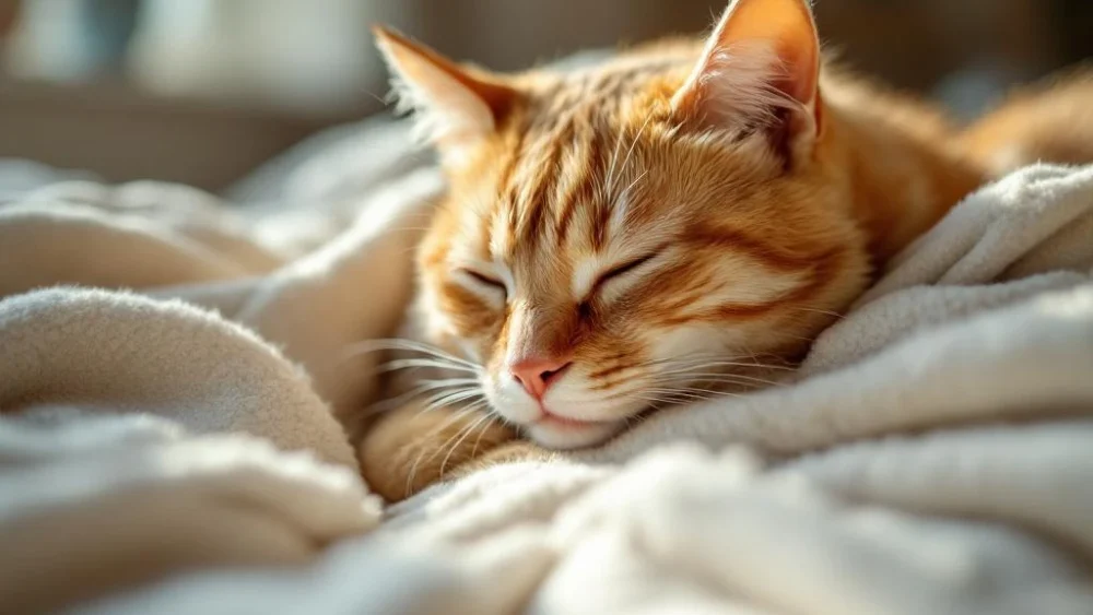 Oude oranje gestreepte kat rust op crèmekleurige deken bij raam, met zachte natuurlijke verlichting en aardse tinten.