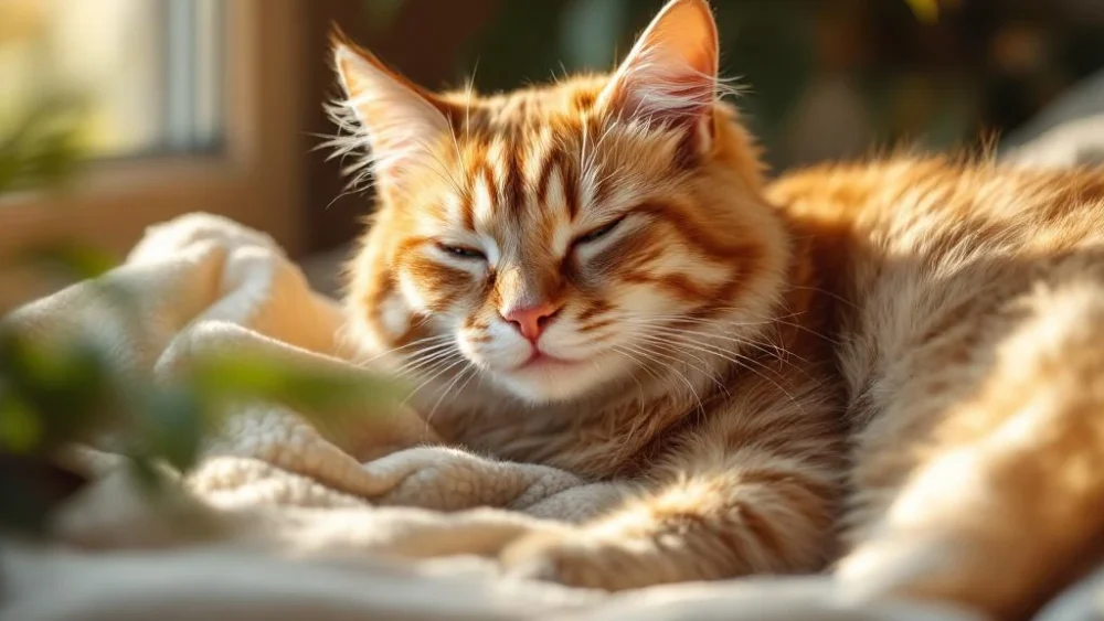 Oudere oranje cyperse kat rust vredig op crèmekleurige deken bij zonnig raam in warme, gezellige sfeer