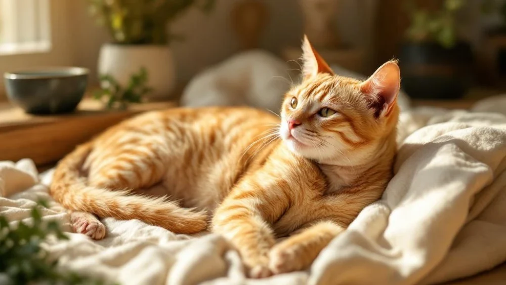 Oude oranje tabby kat rust op crème deken in warm zonlicht met houten oppervlak en waterbak op achtergrond