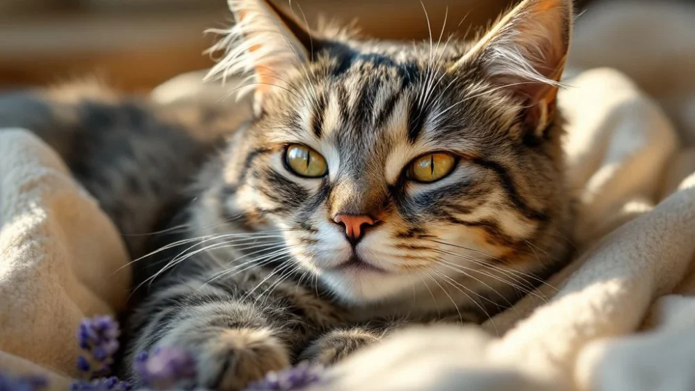 Elegante senior cyperse kat met grijze vacht rust vredig op crèmekleurige deken in warm zonlicht bij raam