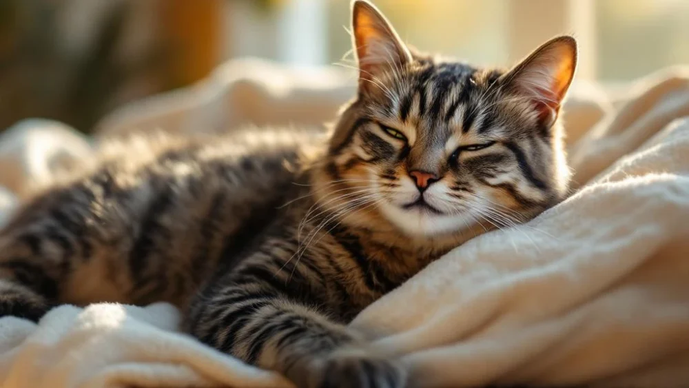Oudere grijze tabby kat rust vredig op crèmekleurige deken in warm zonlicht bij raam